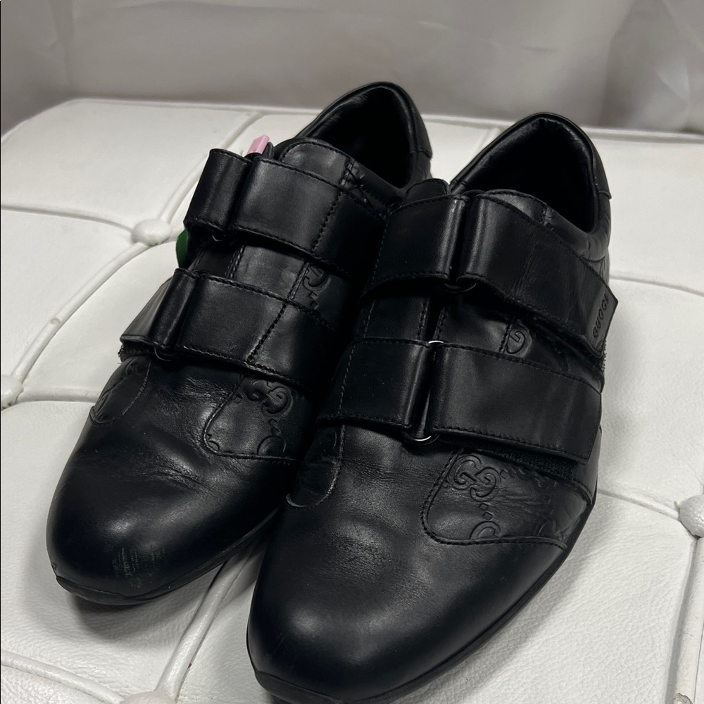 Gucci Black Leather Velcro-Strap Oxfords